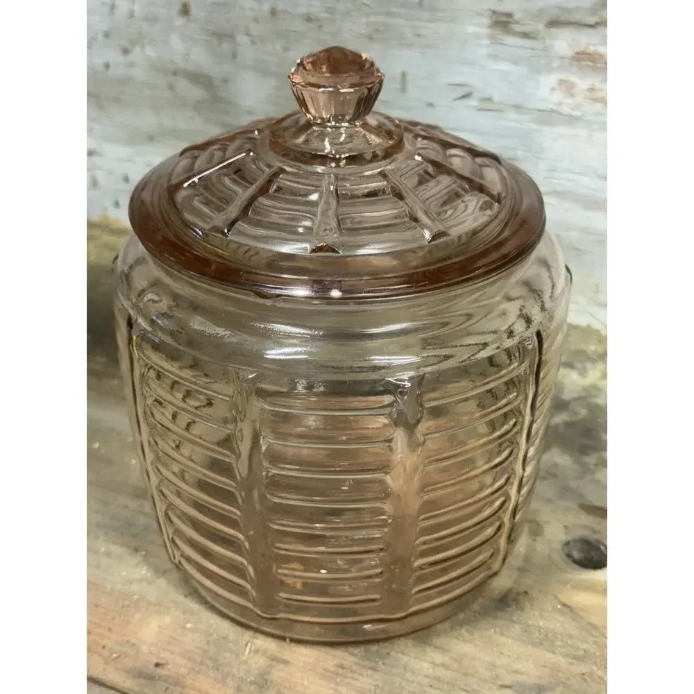 Vintage Anchor Hocking Pink Depression Glass MANHATTAN Pattern Cookie Candy Jar